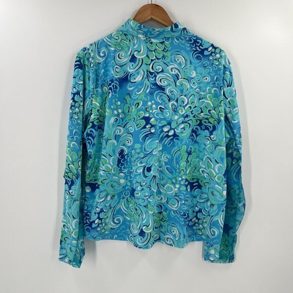 IBKUL XXL Women Long Sleeve Shirt Blue Green Swirl Pattern Nylon Blend Mock Neck - Picture 9 of 9